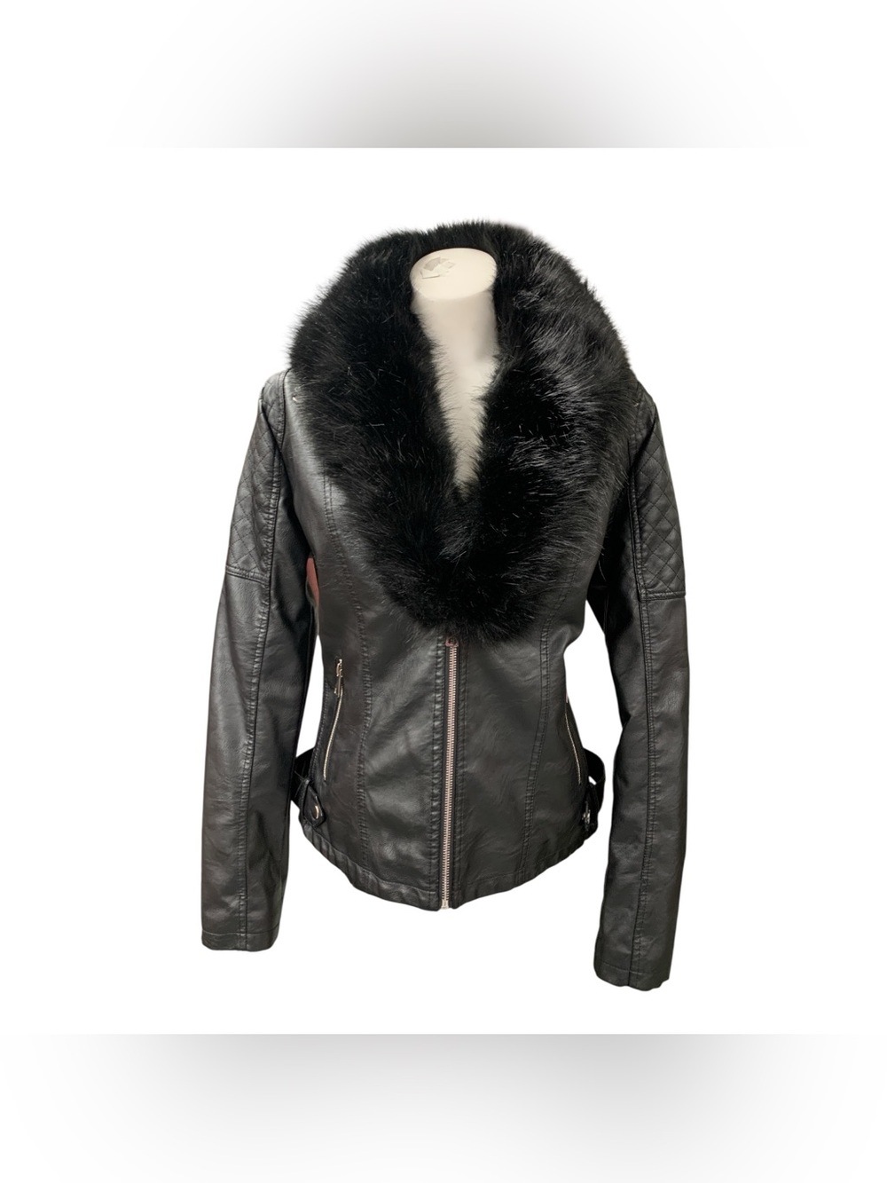 Bellivera Black Faux Fur Collar Leather Jacket Size L